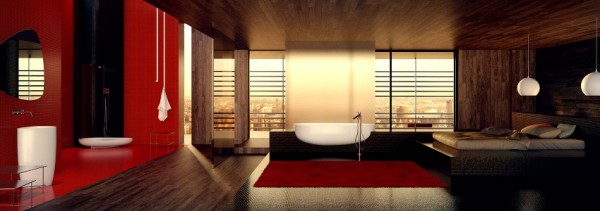 Danelon Meroni Red white and black oriental inspired bathroom panorama