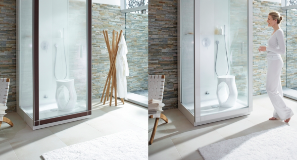 Duravit white and stone organic bathroom with wooden accessories