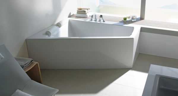 Duravit white bathroom with angular tub and view