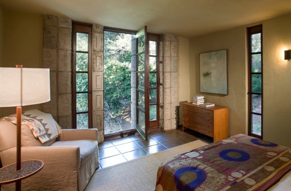 Frank Lloyd Wright Millard House bedroom aztec soft furnishings