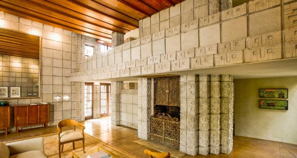 Frank Lloyd Wright Millard House concrete block interior living wooded ceiling