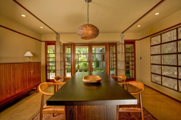 Frank Lloyd Wright Millard House open plan dining doors to terrace