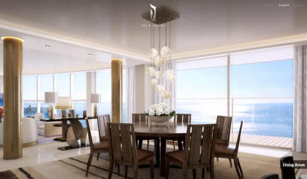 Monaco Penthouse- formal dining with pendant lighting and ocean views