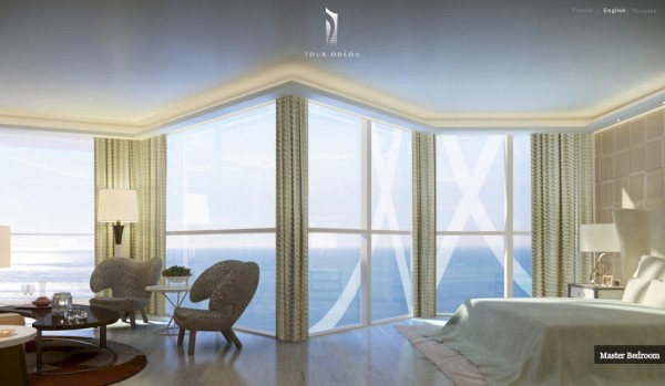 Monaco Penthouse- master bedroom with ocean views and sitting area