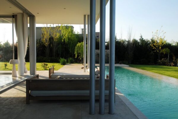 Outdoor setting under awning by pool