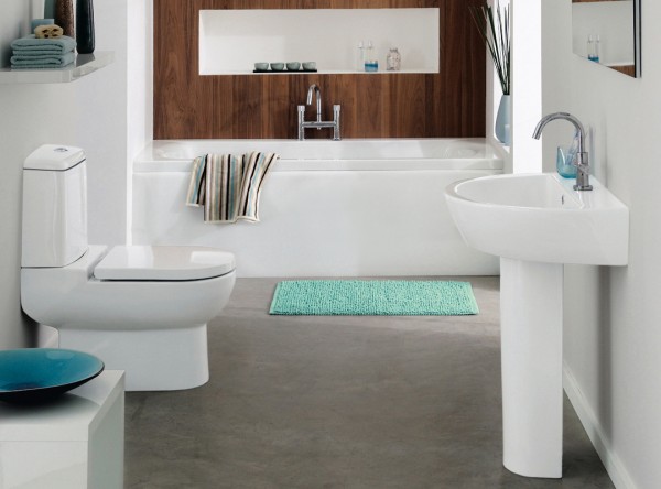 White teal and aqua marine bathroom with wood feature