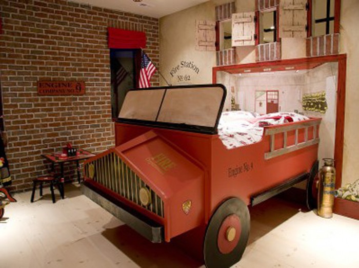 antique fire truck themed red boys room