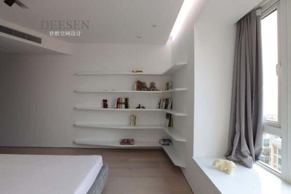 bedroom reading nook shelving with slate window dressings