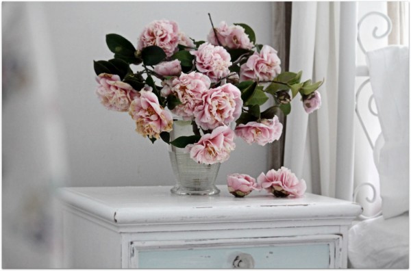 bedside table floral arrangement pink and white