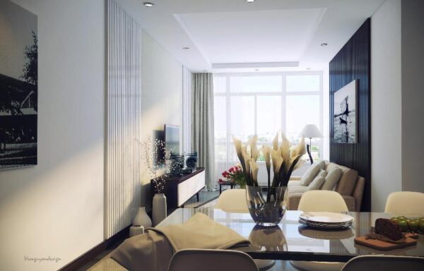 فضای سیاه و سفید زندگی مدرن 2 A slender space provides ample room for both a full-size living room and dining room. The light flooding through the large window enlarges the room.