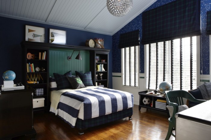 blue and white striped boys room with silver accents