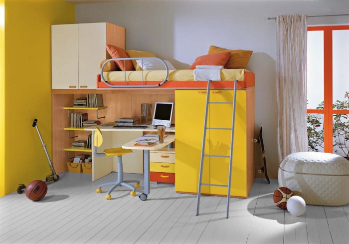 boys room bunk bed with workspace orange and yellow