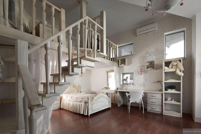 dreamy floral and white bedroom with mezzanine homework space and storage