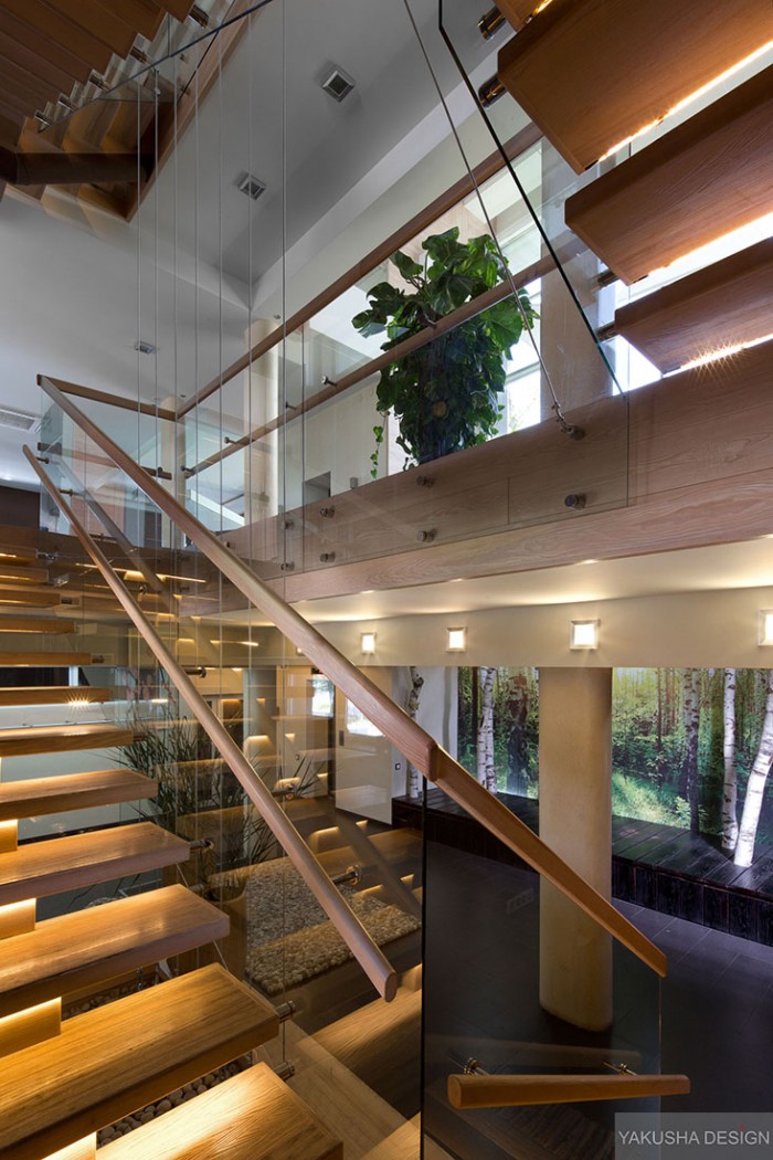 floating blonde wood and glass stairwell with indoor plant