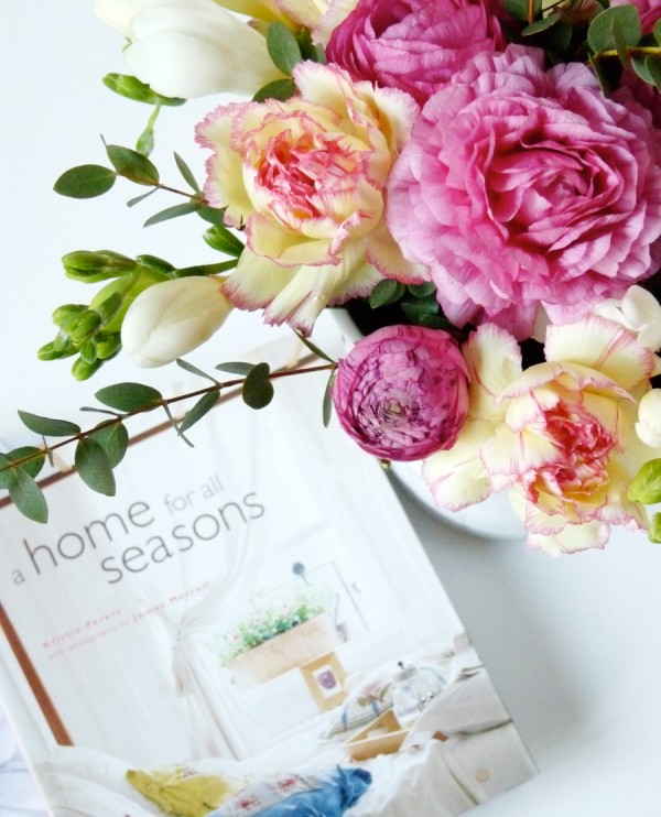 floral arrangement peonies and magazine styling