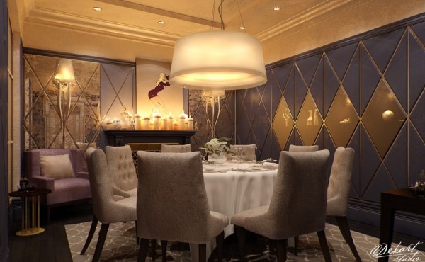 Custom wall treatments and gorgeous lightening give this dining room a touch of luxurious appeal.