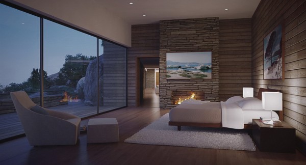modern bedroom with view by fire light