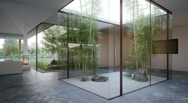 Twin glass enclosed interior courtyards bring nature indoors in the most brilliant way.