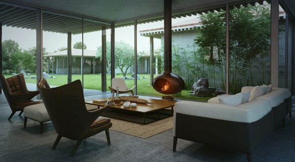 The living room boasts mid-century modern furnishings mixed with comfortable contemporary upholstered pieces. A charming fireplace extends down from the ceiling adding warmth to the glass enclosed and concrete clad space.