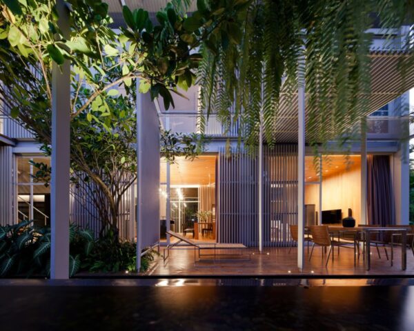 Metal slats are used as visual dividers between the interior and exterior and adjacent outdoor living spaces.