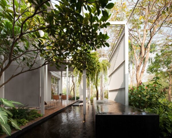 An outdoor living room created for dining uses a slatted wall and natural greenery for privacy.