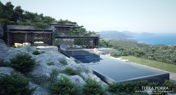 modern mountain ocean view villa with pool