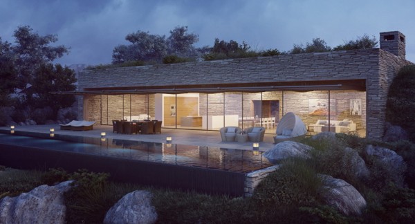 modern villa at night with pool and outdoor furniture