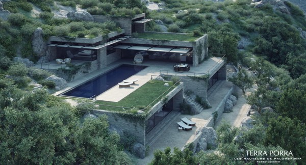 mountainside villa with pool and green roof