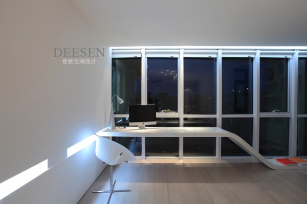 office with modern desk symmetrical glass window wall