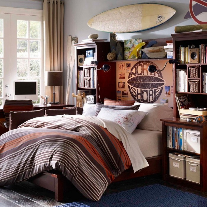 older boys surfing themed bedroom in earthy colors