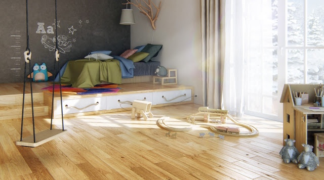 open-plan boys room with blonde wood flooring