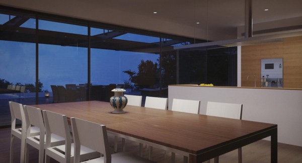 open plan kitchen dining with view down lit