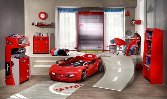 red white and blue motor racing boys room