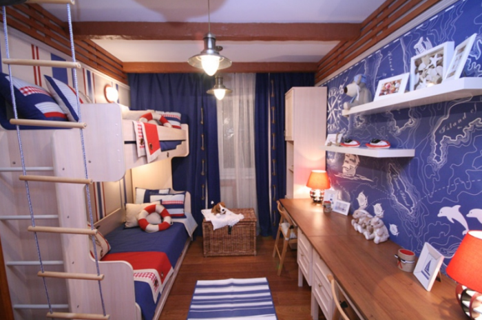 red white and blue nautical themed boys room