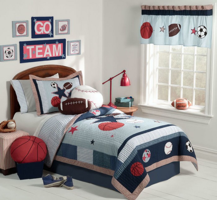 red white and blue sporting themed boys room