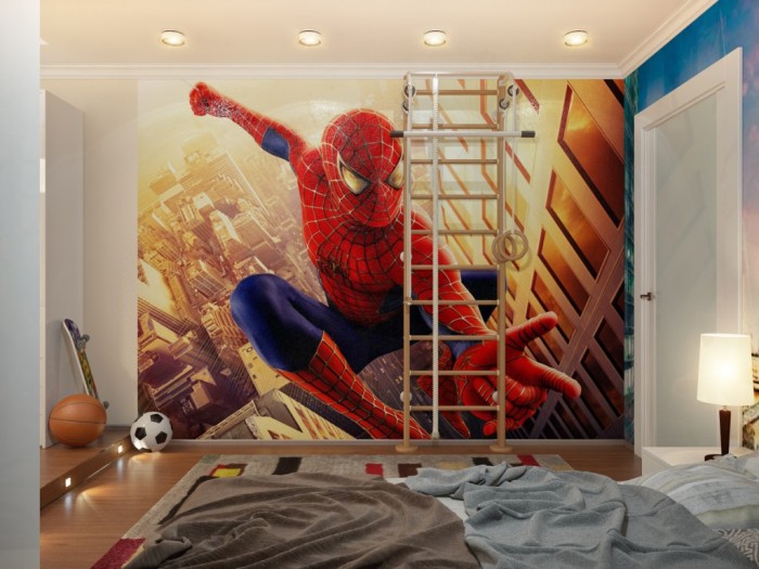 spiderman down lit boys room with ladder