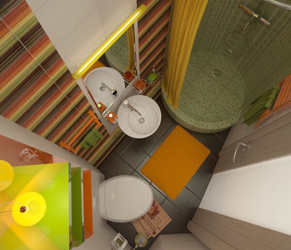 A modern bathroom filled with pops of color is shown from the top down in this expert visualization.