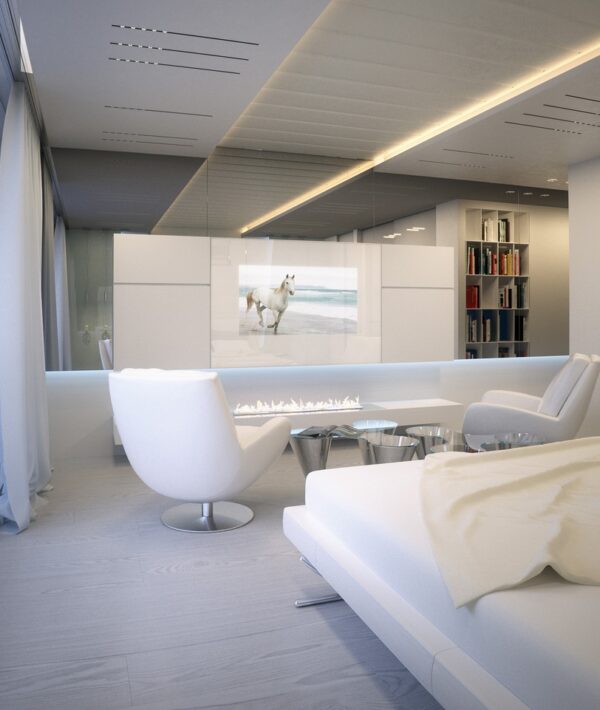 Alexander Lysak Visualization- Bedroom white flatscreen and ethanol fireplace