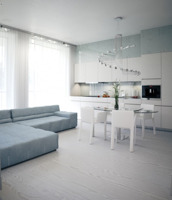 Alexander Lysak Visualization- open plan kitchen dining living with modern chandelier
