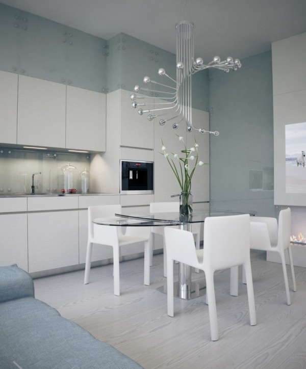 Alexander Lysak Visualization- open plan kitchen dining with modern chandelier