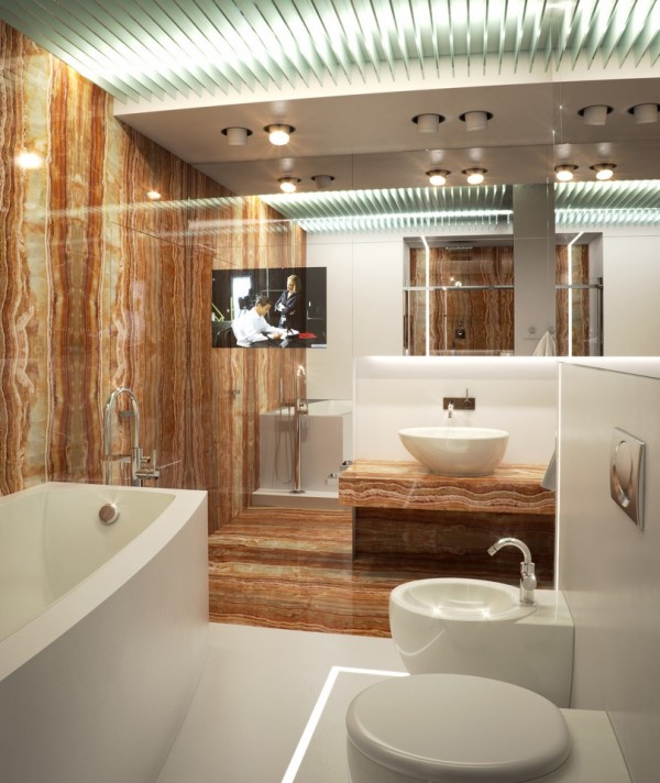 Luxury of a different kind is realized in the bathroom, complete with bidet and flat screen television viewable from the exceptionally deep tub. As equally abundant in reflective surfaces as the rest of the visualization, the bathroom shows a preference for an earthy palette and elemental building materials.