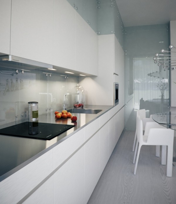 Alexander Lysak Visualization- sleek narrow kitchen in white with reflective splash