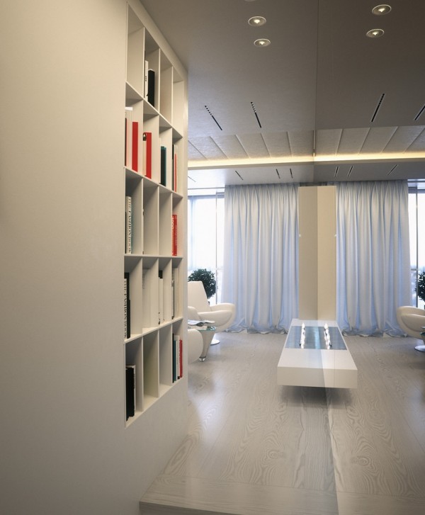 Alexander Lysak Visualization- white nieche wall storage in mirrored hall