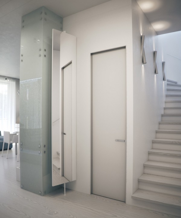 Alexander Lysak Visualization- white stairwell with glass panelled walls and mirror