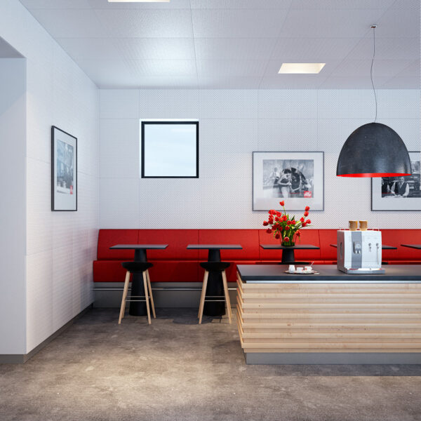 Bold Red accented kitchen dining with industrial pendant lighting and polished concrete floors