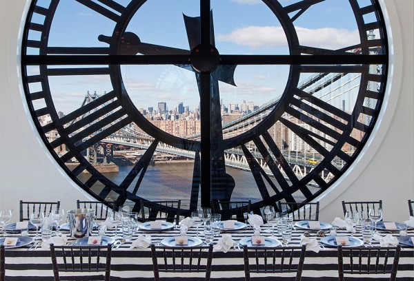Clock Tower Apartment- formal dining against clockface backdrop with views to New York City