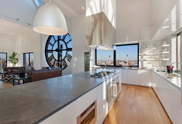 Clock Tower Apartment- open plan kitchen island in high gloss white with range