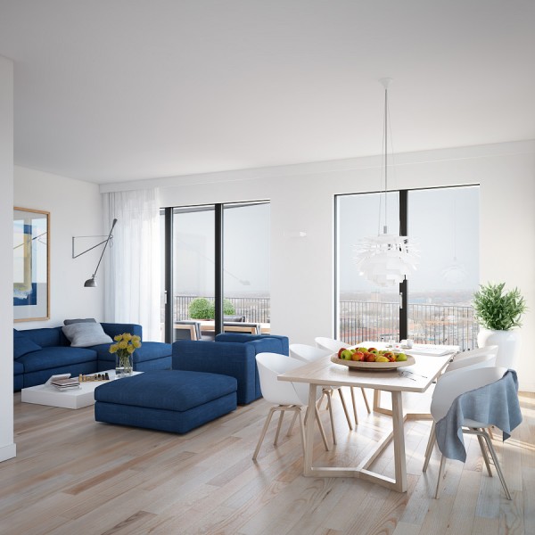 Cool blue apartment- open plan living dining with minimal window treatments and blonde wood flooring