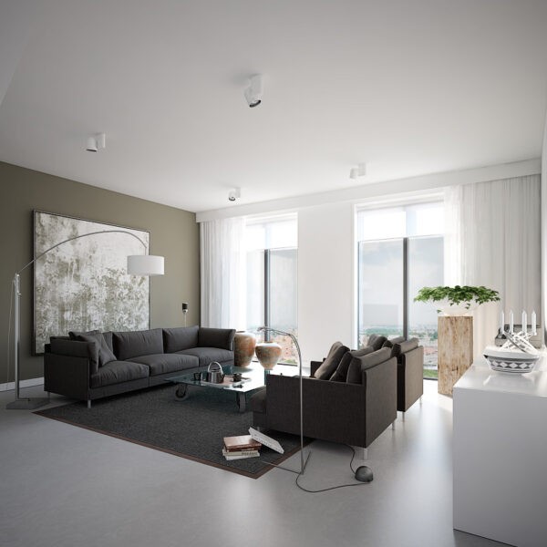 Earthy Grey Apartment- living with featured wall print and floor lamp