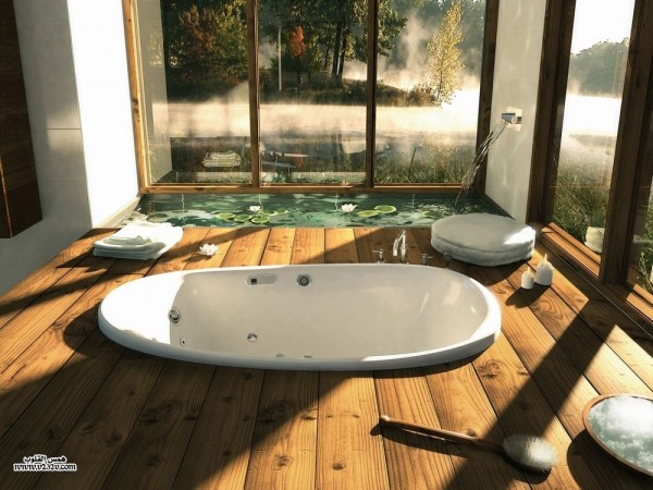 Banho Houzz-madeira com banheira de imersão e lagoa característica de água no interior